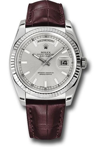 Rolex White Gold Day-Date 36 Watch - Fluted Bezel - Silver Index Dial - Brown Leather - 118139