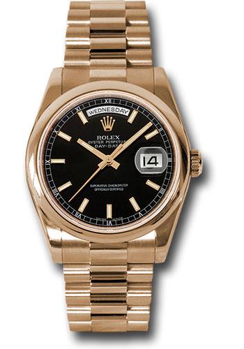 Rolex Day-Date 36 118205 in pink gold with black index dial and President bracelet