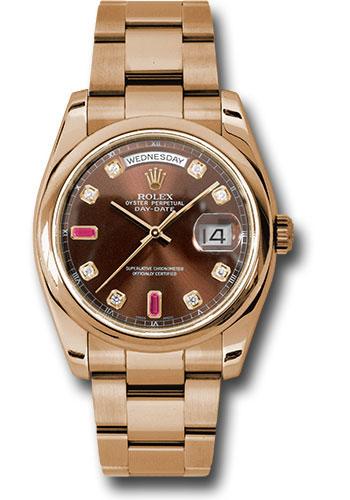 Rolex Day-Date 36 118205 in Everose gold with chocolate diamond and ruby dial, Oyster bracelet