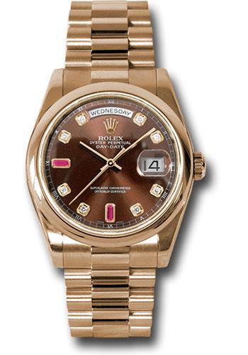 Rolex Day-Date 36 118205 in Everose gold with chocolate diamond and ruby dial, President bracelet