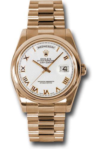 Rolex Pink Gold Day-Date 36 Watch - Domed Bezel - White Roman Dial - President Bracelet - 118205