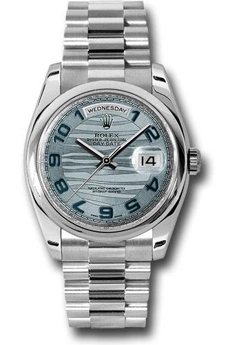 Rolex Day-Date 36 118206 in platinum with ice blue wave Arabic dial and President bracelet