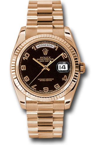 Rolex Pink Gold Day-Date 36 Watch - Fluted Bezel - Black Arabic Dial - President Bracelet - 118235