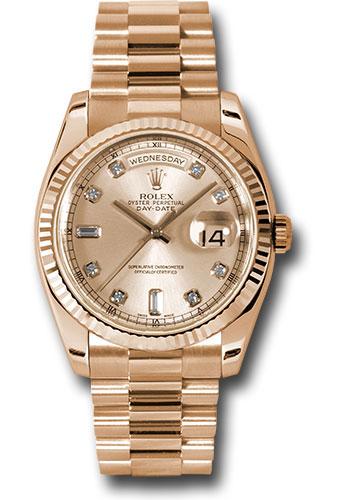 Rolex Pink Gold Day-Date 36 Watch - Fluted Bezel - Pink Champagne Diamond Dial - President Bracelet - 118235