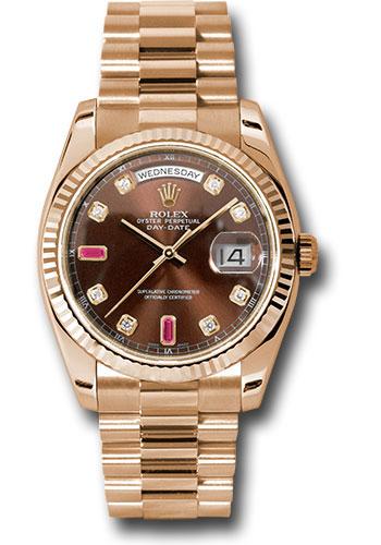 Rolex Everose Gold Day-Date 36 Watch - Fluted Bezel - Chocolate Diamond And Ruby Dial - President Bracelet - 118235