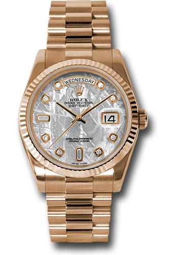 Rolex Pink Gold Day-Date 36 Watch - Fluted Bezel - Meteorite Diamond Dial - President Bracelet - 118235