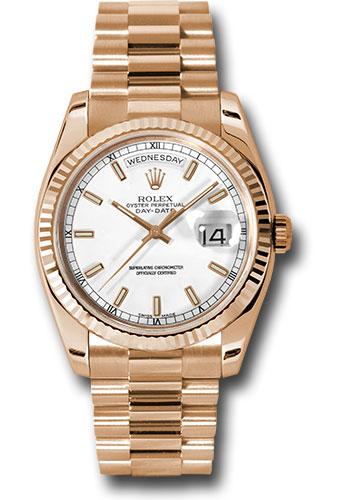 Rolex Pink Gold Day-Date 36 Watch - Fluted Bezel - White Index Dial - President Bracelet - 118235