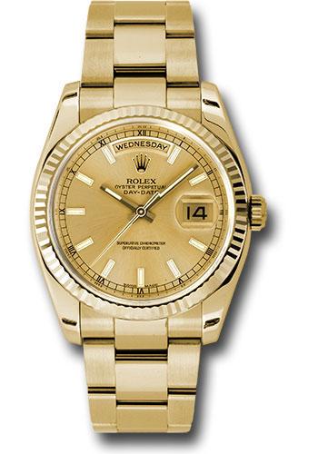Rolex Yellow Gold Day-Date 36 Watch - Fluted Bezel - Champagne Index Dial - Oyster Bracelet - 118238