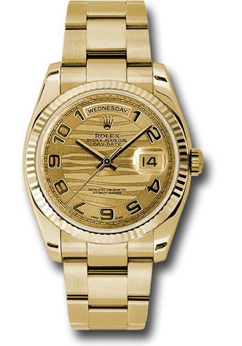 Rolex Yellow Gold Day-Date 36 Watch - Fluted Bezel - Champagne Wave Arabic Dial - Oyster Bracelet - 118238