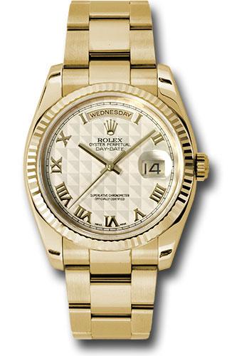Rolex Yellow Gold Day-Date 36 Watch - Fluted Bezel - Ivory Pyramid Roman Dial - Oyster Bracelet - 118238