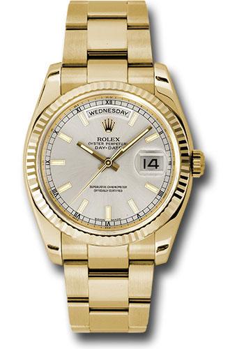Rolex Yellow Gold Day-Date 36 Watch - Fluted Bezel - Silver Index Dial - Oyster Bracelet - 118238