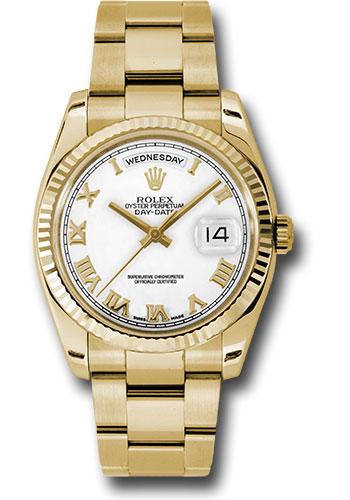 Rolex Yellow Gold Day-Date 36 Watch - Fluted Bezel - White Roman Dial - Oyster Bracelet - 118238