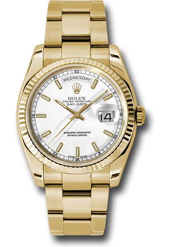 Rolex Yellow Gold Day-Date 36 Watch - Fluted Bezel - White Index Dial - Oyster Bracelet - 118238