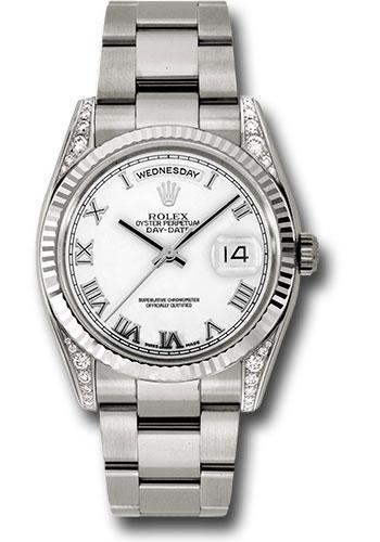 Rolex Day-Date 36 118339 in white gold with white Roman dial and Oyster bracelet