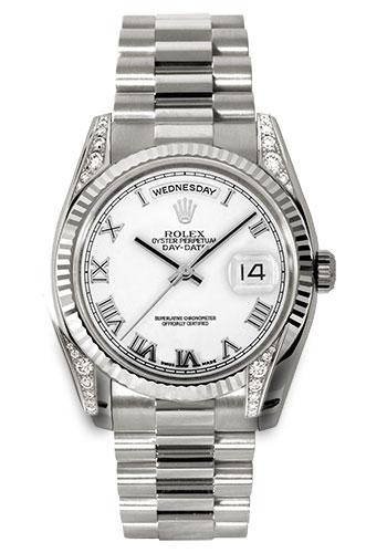Rolex Day-Date 36 118339 in white gold with white Roman dial and President bracelet