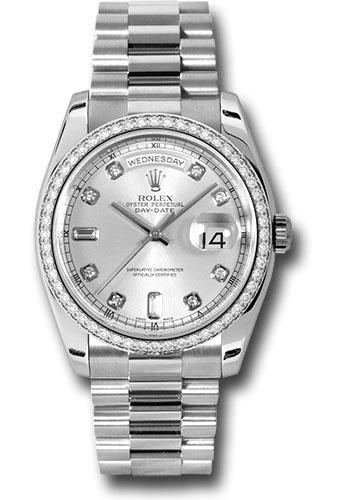 Rolex Platinum Day-Date 36 Watch -  Bezel - Silver Diamond Dial - President Bracelet - 118346