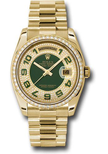 Rolex Day-Date 36 118348 in yellow gold with pave edge green dial and President bracelet