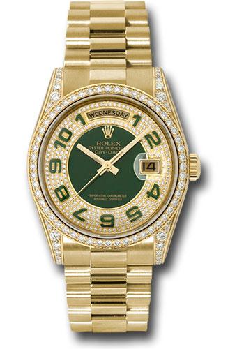 Rolex Day-Date 36 118388 in yellow gold with pave edge green dial and President bracelet