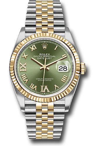 Rolex Steel and Yellow Gold Rolesor Datejust 36 Watch - Fluted Bezel - Olive Green Roman Dial - Jubilee Bracelet - 126233