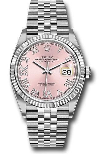 Rolex Steel Datejust 36 Watch - Fluted Bezel - Pink Diamond Roman VI and IX Dial - Jubilee Bracelet - 2019 Release - 126234