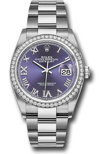 Rolex Steel Datejust 36 Watch - Diamond Bezel - Aubergine Purple Diamond Roman VI and IX Dial - Oyster Bracelet - 2019 Release - 126284RBR
