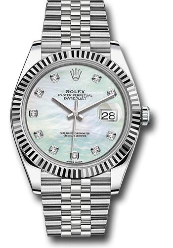Rolex Steel and White Gold Rolesor Datejust 41 Watch - Fluted Bezel - White Mother-Of-Pearl Diamond Dial - Jubilee Bracelet - 126334