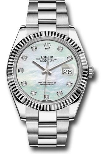 Rolex Steel and White Gold Rolesor Datejust 41 Watch - Fluted Bezel - White Mother-Of-Pearl Diamond Dial - Oyster Bracelet - 126334