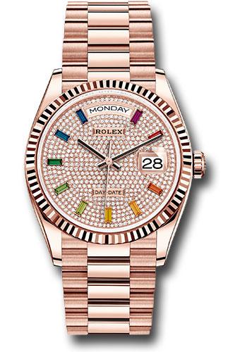 Rolex Day-Date 36 128235 in Everose gold with diamond-paved rainbow sapphire dial and President bracelet