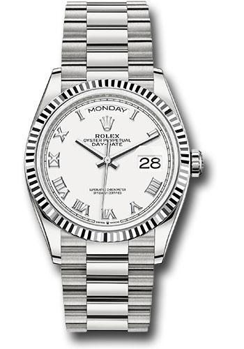 Rolex Day-Date 36 128239 in white gold with white Roman dial and President bracelet