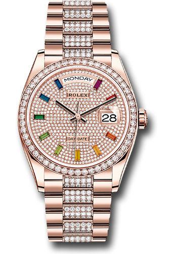 Rolex Everose Gold Day-Date 36 Watch - Diamond Bezel - Diamond-Paved Rainbow Sapphire Dial - Diamond President Bracelet - 128345RBR