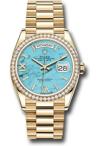 Rolex Day-Date 36 128348RBR in yellow gold with turquoise diamond Roman dial and President bracelet