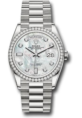 Rolex Day-Date 36 128349RBR in white gold with mother-of-pearl diamond dial and President bracelet