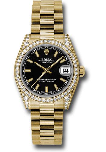 Rolex Yellow Gold Datejust 31 Watch - 48 Diamond Bezel - Black Index Dial - President Bracelet - 178158