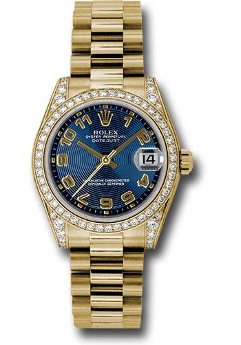 Rolex Yellow Gold Datejust 31 Watch - 48 Diamond Bezel - Blue Concentric Circle Arabic Dial - President Bracelet - 178158