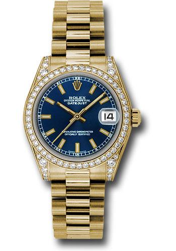 Rolex Yellow Gold Datejust 31 Watch - 48 Diamond Bezel - Blue Index Dial - President Bracelet - 178158