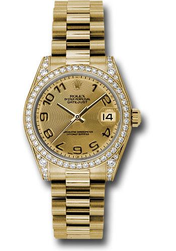 Rolex Yellow Gold Datejust 31 Watch - 48 Diamond Bezel - Champagne Concentric Circle Arabic Dial - President Bracelet - 178158
