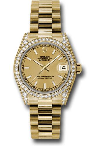 Rolex Yellow Gold Datejust 31 Watch - 48 Diamond Bezel - Champagne Index Dial - President Bracelet - 178158