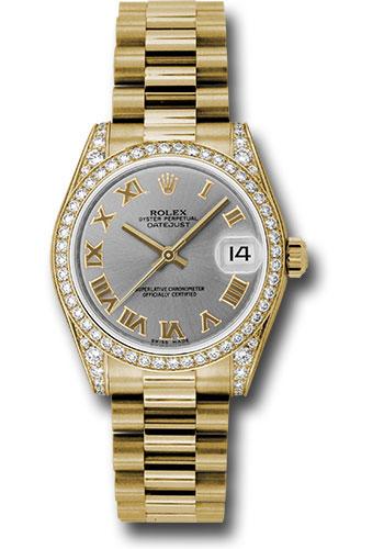 Rolex Yellow Gold Datejust 31 Watch - 48 Diamond Bezel - Gray Roman Dial - President Bracelet - 178158