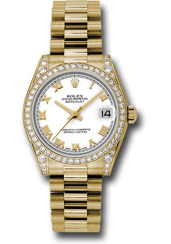 Rolex Yellow Gold Datejust 31 Watch - 48 Diamond Bezel - White Roman Dial - President Bracelet - 178158