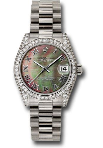 Rolex White Gold Datejust 31 Watch - 48 Diamond Bezel - Dark Mother-Of-Pearl Roman Dial - President Bracelet - 178159