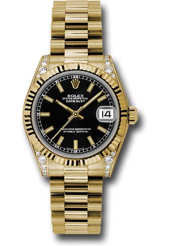 Rolex Yellow Gold Datejust 31 Watch - Fluted Bezel - Black Index Dial - President Bracelet - 178238
