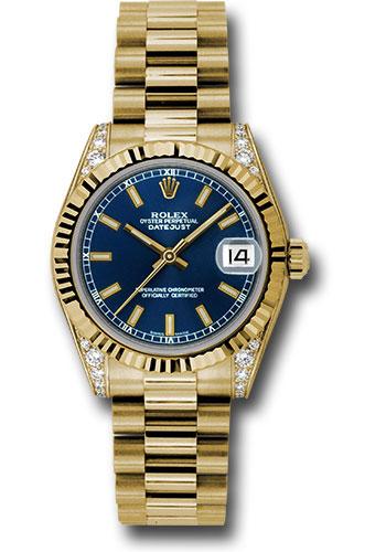 Rolex Yellow Gold Datejust 31 Watch - Fluted Bezel - Blue Index Dial - President Bracelet - 178238