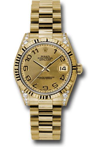 Rolex Yellow Gold Datejust 31 Watch - Fluted Bezel - Champagne Concentric Circle Arabic Dial - President Bracelet - 178238