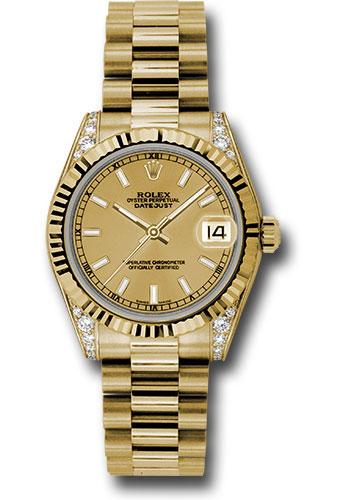 Rolex Yellow Gold Datejust 31 Watch - Fluted Bezel - Champagne Index Dial - President Bracelet - 178238
