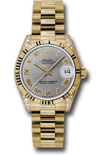 Rolex Yellow Gold Datejust 31 Watch - Fluted Bezel - Gray Roman Dial - President Bracelet - 178238