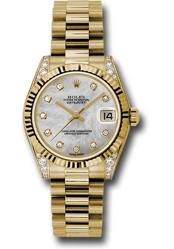 Rolex Yellow Gold Datejust 31 Watch - Fluted Bezel - Mother-Of-Pearl Diamond Dial - President Bracelet - 178238