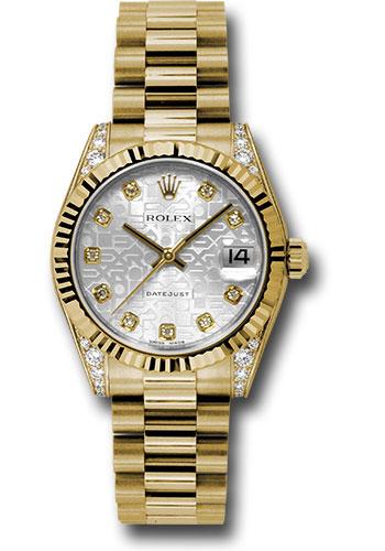 Rolex Yellow Gold Datejust 31 Watch - Fluted Bezel - Silver Jubilee Diamond Dial - President Bracelet - 178238