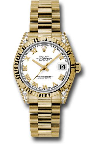 Rolex Yellow Gold Datejust 31 Watch - Fluted Bezel - White Roman Dial - President Bracelet - 178238