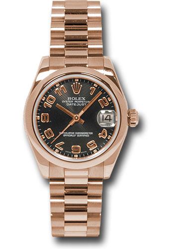 Rolex Pink Gold Datejust 31 Watch - Domed Bezel - Black Arabic Dial - President Bracelet - 178245