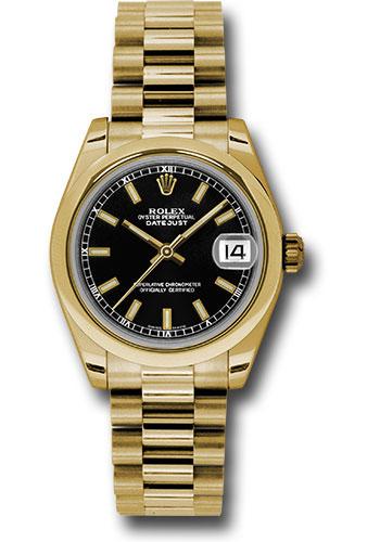 Rolex Yellow Gold Datejust 31 Watch - Domed Bezel - Black Concentric Circle Index Dial - President Bracelet - 178248